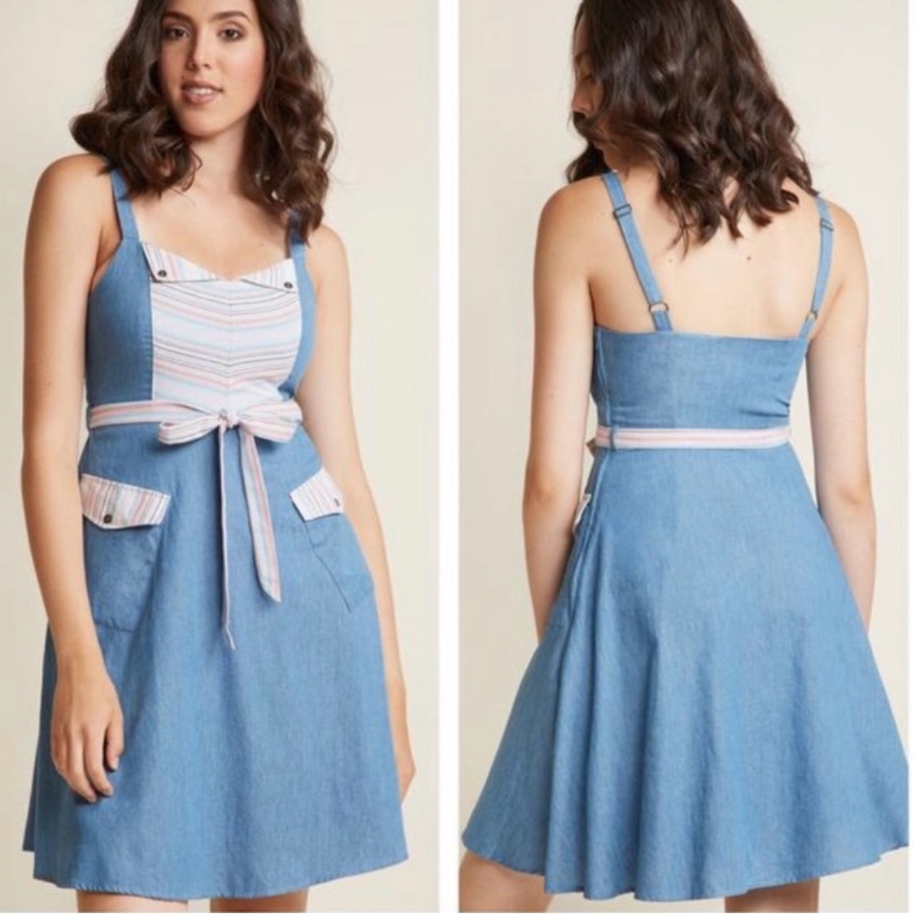 Modcloth Happiness and Cheers A-Line Chambray Stripe Sundress - Picture 1 of 6